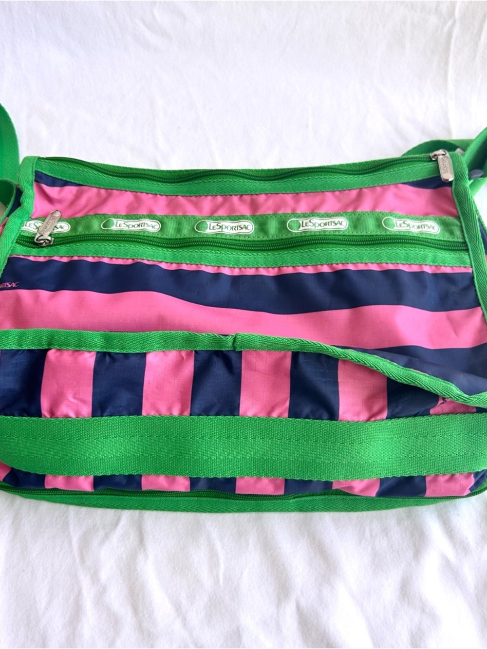 LeSportsac Green Crossbody with Pink and Navy Stripes - Picture 5 of 12